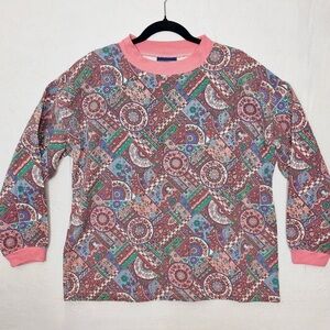 Vintage 90's Pink Patchwork Tapestry Fabric Print Top Sz Medium Made In USA